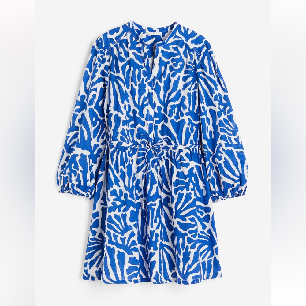 H&M Blue and White Linen Blend Patterned Dress NWT